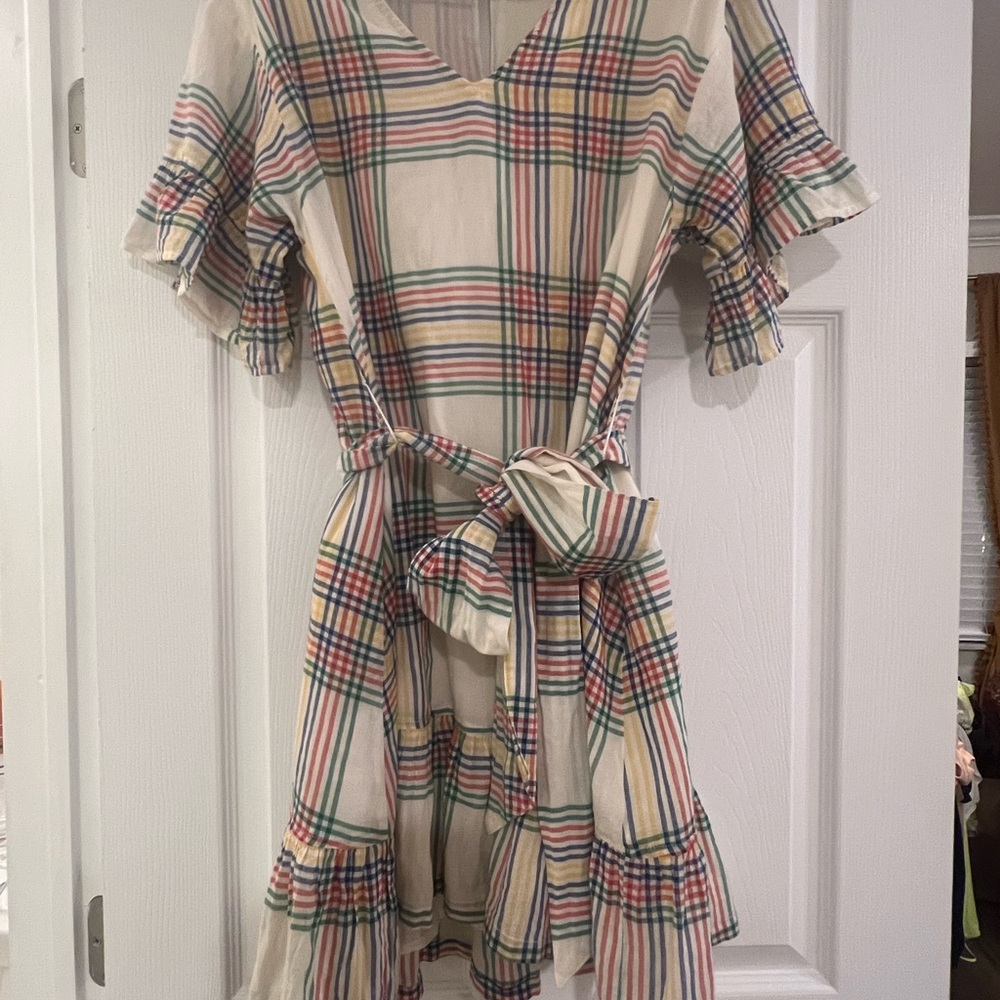 Women’s Pink Chicken Plaid Ruffle Sleeve Dress with Belt